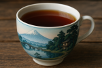 Photo réaliste d'une tasse avec motifs style estampe Hasui Kawase