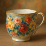 Photographie réaliste d'une tasse en porcelaine décorée de motifs façon Renoir