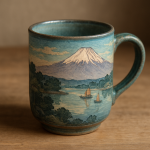 Photo réaliste d’une tasse en céramique, style estampe japonaise façon Hiroshi Yoshida
