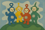Les Télétubbies sur leur colline, composés en collage abstrait coloré, style Jean Arp