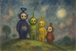 Les Télétubbies sur leur colline dans un style pastel et onirique, façon Redon