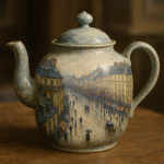 Photo réaliste d'une théière aux motifs dans le style de Gustave Caillebotte