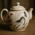 Photographie réaliste d'une théière en céramique ornée de motifs à l'encre façon Qi Baishi