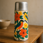 Photo réaliste d'un thermos en métal, style graphique inspiré de Tom Purvis
