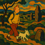 Tintin et Milou dans un paysage breton stylisé, style Paul Sérusier