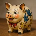 Photographie réaliste d’une tirelire cochon décorée dans un style illustratif de Benjamin Rabier