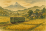 Train Shinkansen traversant un paysage traditionnel dans le style de Taikan Yokoyama