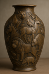 Photographie réaliste d’un vase en bronze orné de plusieurs animaux sculptés, style Guyot