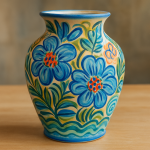 Photographie réaliste d'un vase décoratif aux motifs fluides et colorés, style Raoul Dufy
