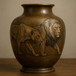 Photo réaliste d'un vase orné de lions gravés, style Paul Jouve