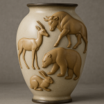 Photo réaliste d’un vase décoré d’animaux stylisés, style Armand Petersen