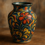 Photo réaliste d'un vase en céramique aux motifs colorés, style Maurice de Vlaminck