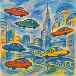 Ville futuriste avec voitures volantes et architecture anachronique, style Raoul Dufy