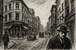 Scène de ville sombre style croquis Hitchcock