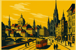 Paysage urbain stylisé avec lignes épurées et couleurs franches, style Julius Klinger