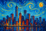 Vue anachronique d’une ville moderne sous le pinceau vibrant de Van Gogh