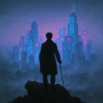 Silhouette contemplant une ville futuriste aux néons dans la brume, style Caspar David Friedrich