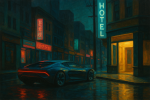 Voiture futuriste dans une rue cyberpunk, style Edward Hopper