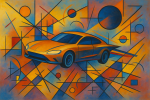 Voiture volante futuriste dans une composition abstraite géométrique colorée, style Kandinsky