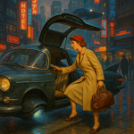 Femme montant dans une voiture volante dans un univers rétrofuturiste, style Norman Rockwell