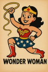 Wonder Woman transformée en mascotte publicitaire dans le style de Donald Brun