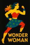 Wonderwoman représentée en silhouette dynamique et colorée sur fond noir, style Cappiello