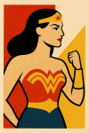 Wonder Woman stylisée en affiche minimaliste avec couleurs vives, style Julius Klinger
